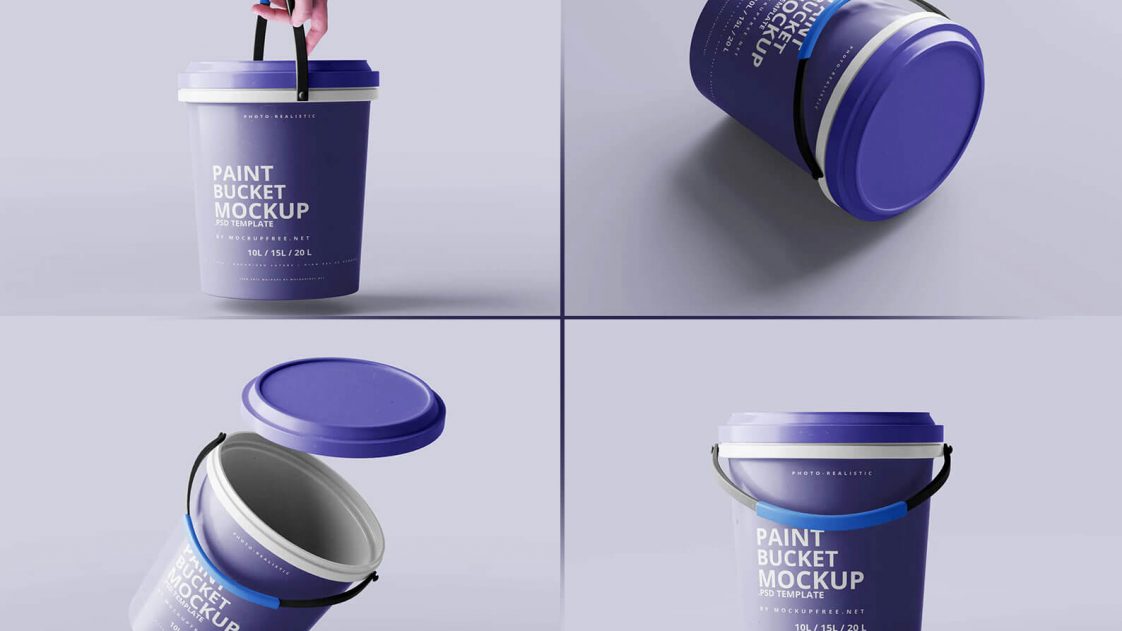 Free Sizes Metal Paint Buckets Mockup Free Package Mockups