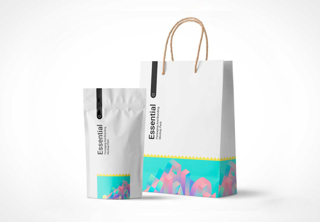Sealed Pouch and Paper Shopping Bag PSD Mockup - Package Mockups
