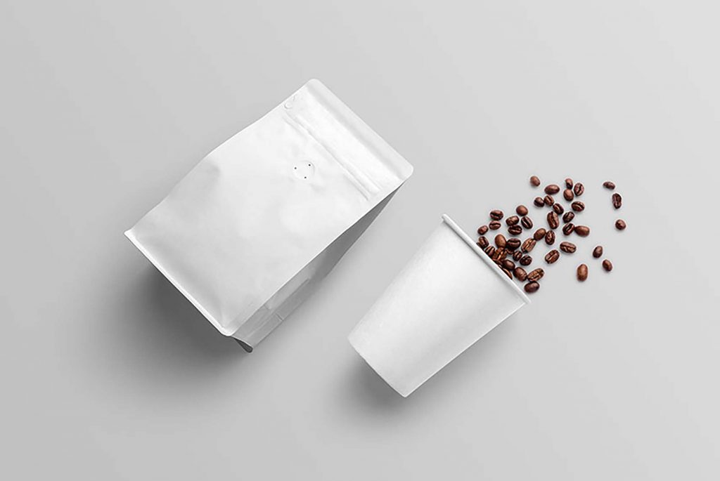 Matte Stand-Up Bag With Coffee Cup Mockup Models