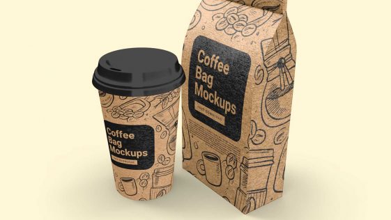 Free Paper Coffee Bag and Paper Coffee Cup Mockup - Package Mockups
