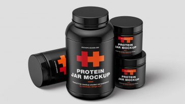 Black protein powder container mockup and dumbbell